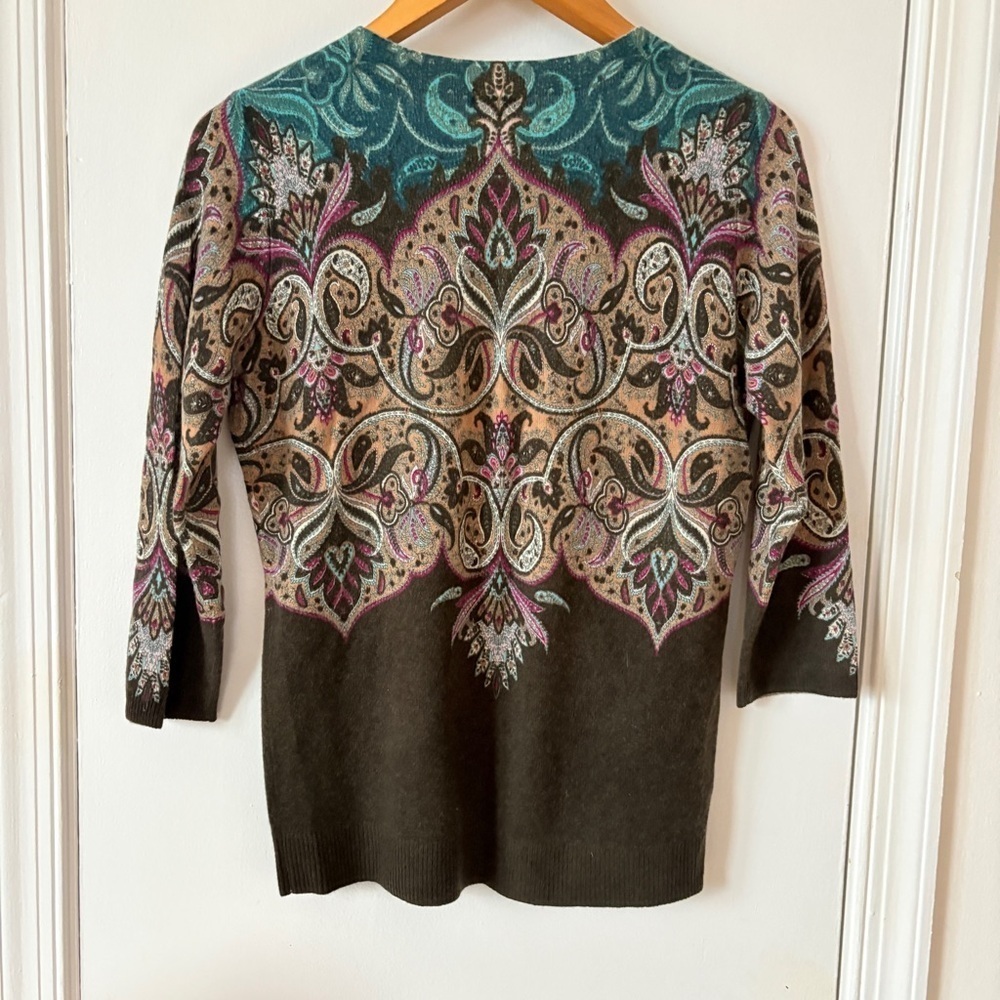 Talbots sz Small CASHMERE SWEATER Audrey Floral PAISLEY brown green crewneck - Picture 5 of 8